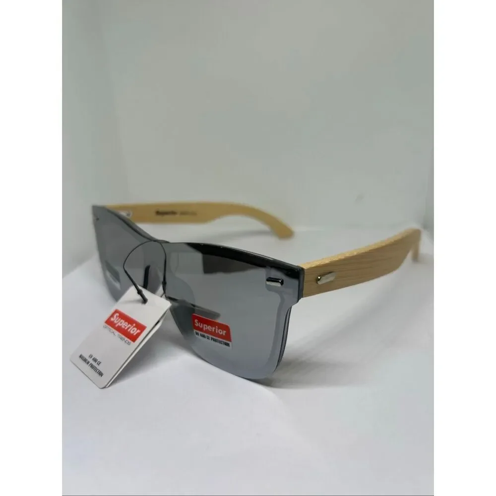 Superior Bamboo Mirrored  UV400 Rimless Shield Sunglasses Eco-Friendly Wooden Ar